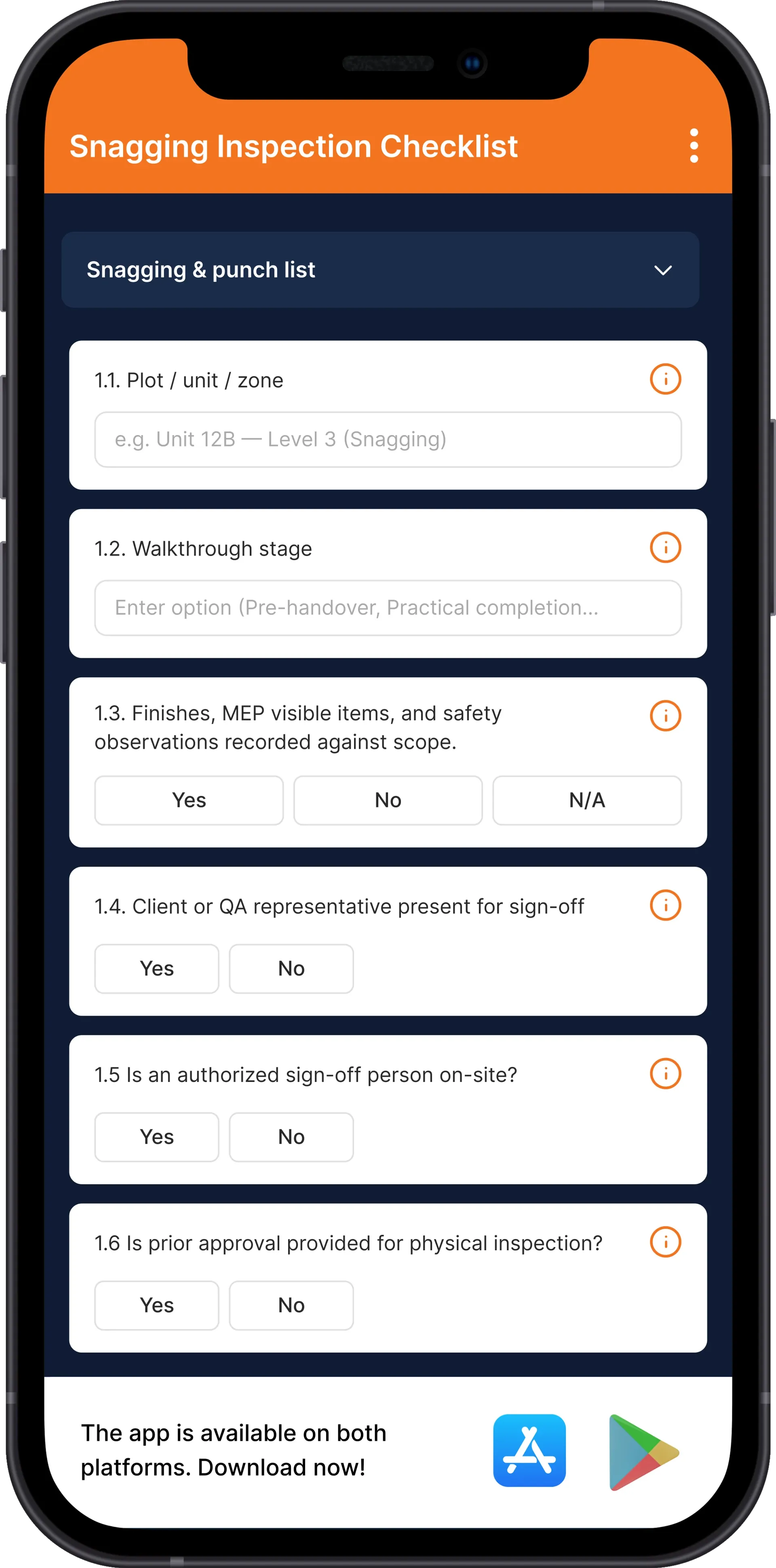 Digital inspection checklist running in the Inspectly360 mobile app