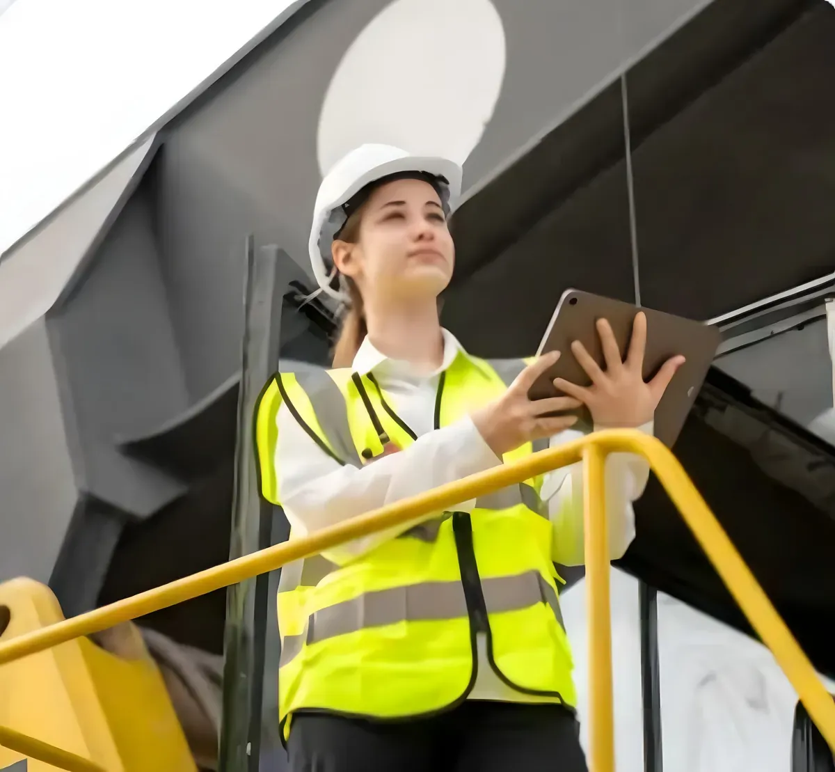 Inspector in a hi-vis vest running a check on a tablet