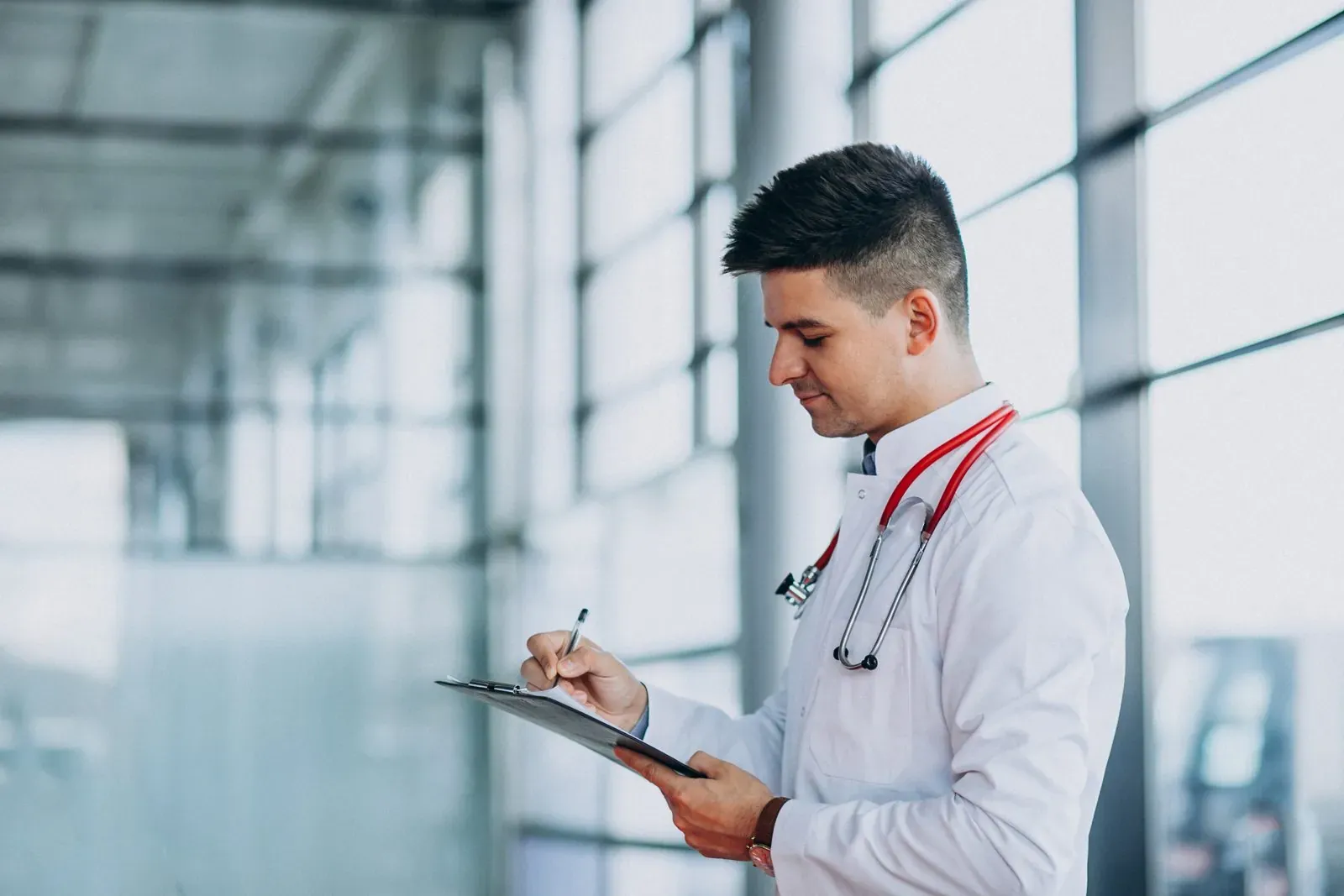 Doctor completing a checklist on a clipboard in a hospital corridor