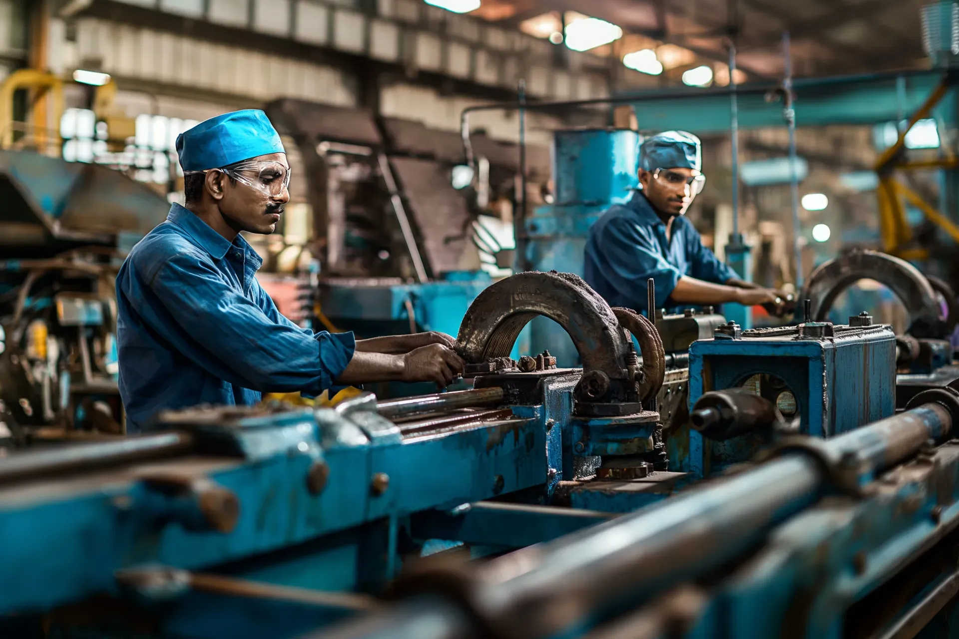 Workers in protective uniforms operating plant machinery
