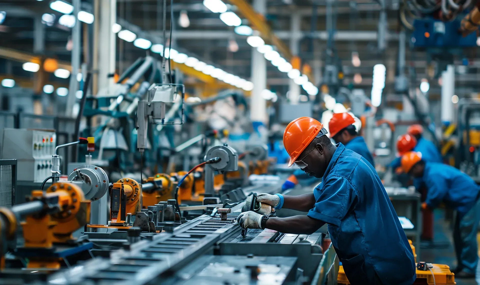 Workers checking material at a large factory machine