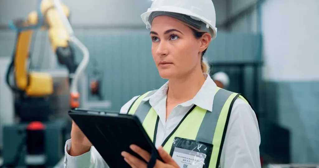 Field inspector with tablet on site