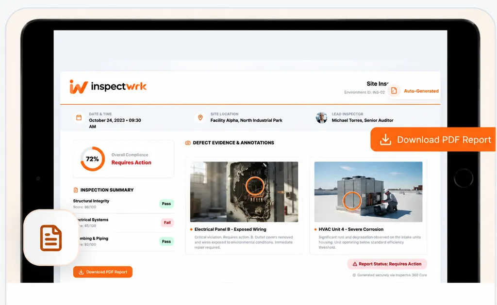 Auto-generated branded inspection PDF report with defect evidence and scores
