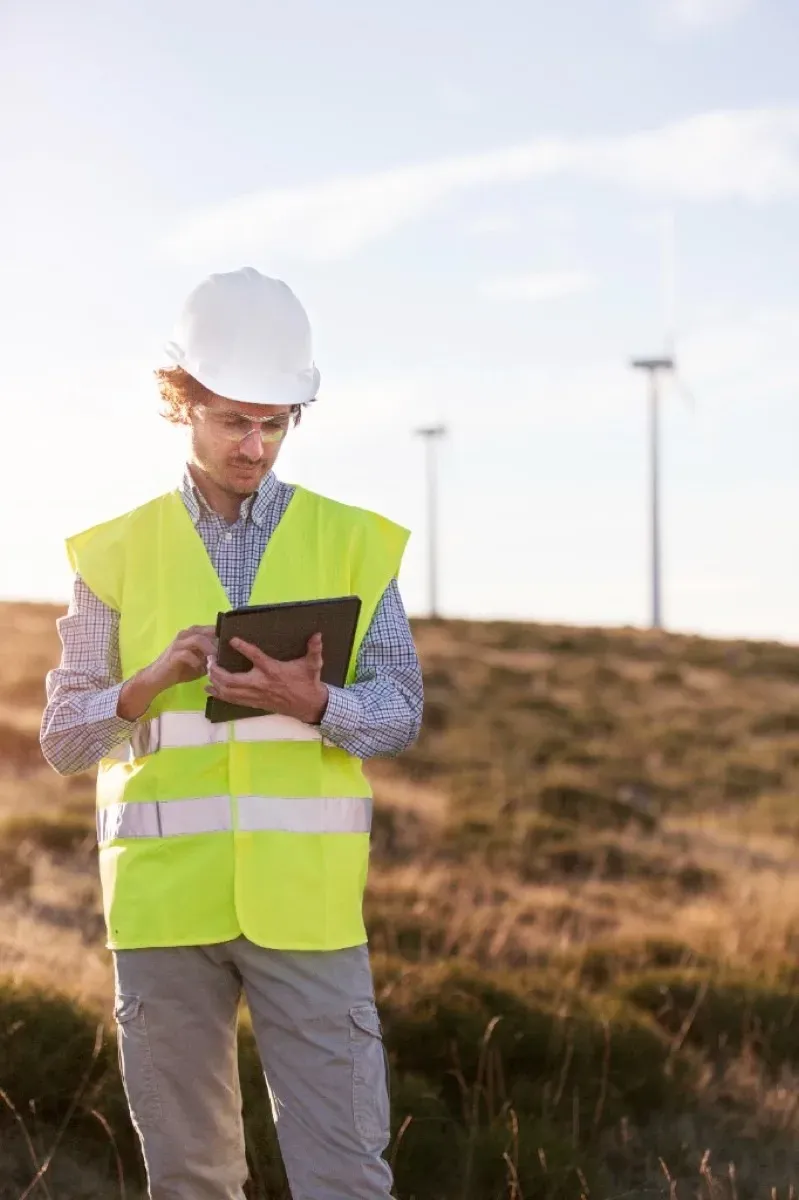 Field technician in a hard hat using a tablet near wind turbines