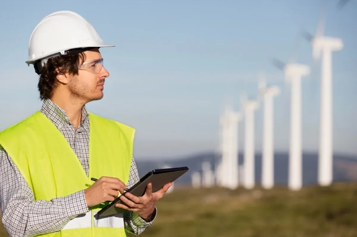 Field inspector with tablet at wind farm
