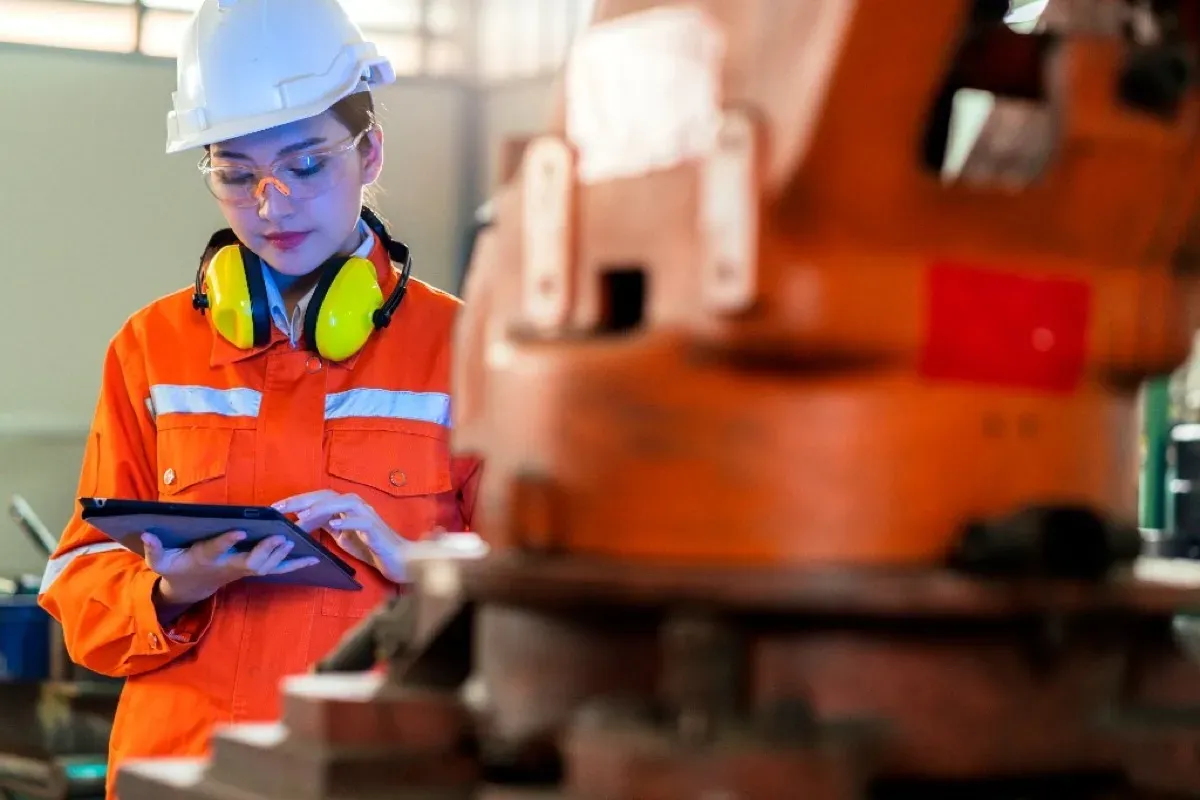 Engineer in ear defenders checking a tablet beside industrial machinery