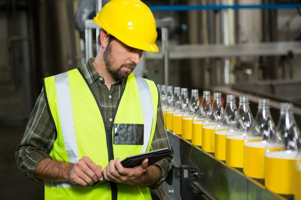 Worker with tablet on production line in factory
