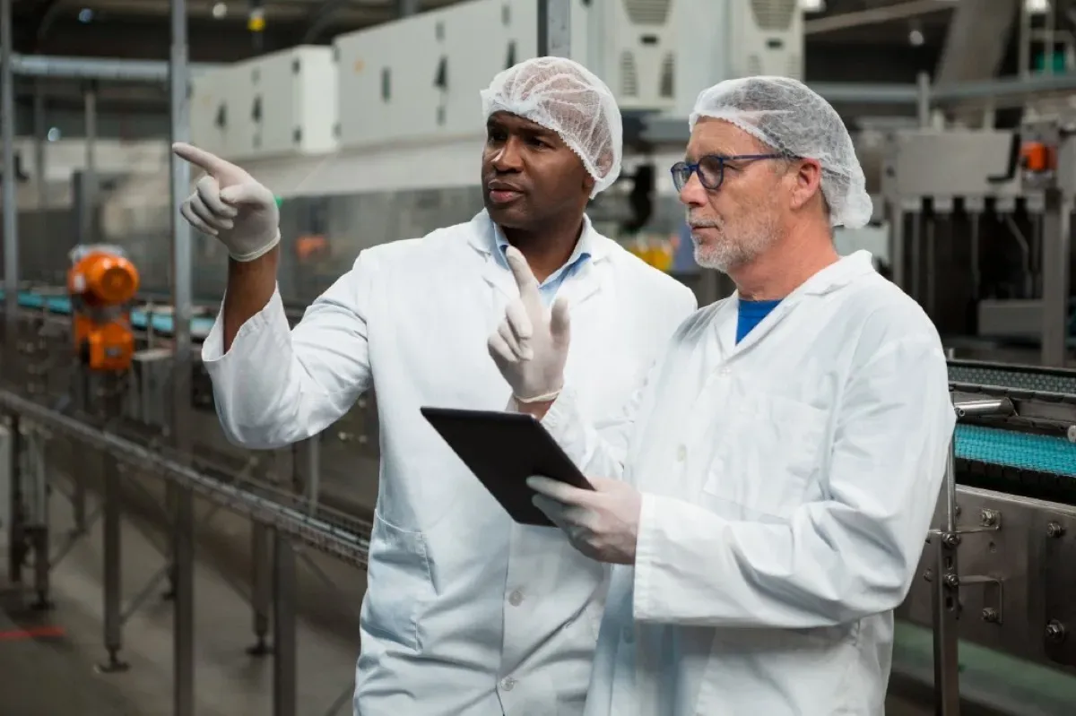 Two production staff in hairnets reviewing a tablet beside a conveyor