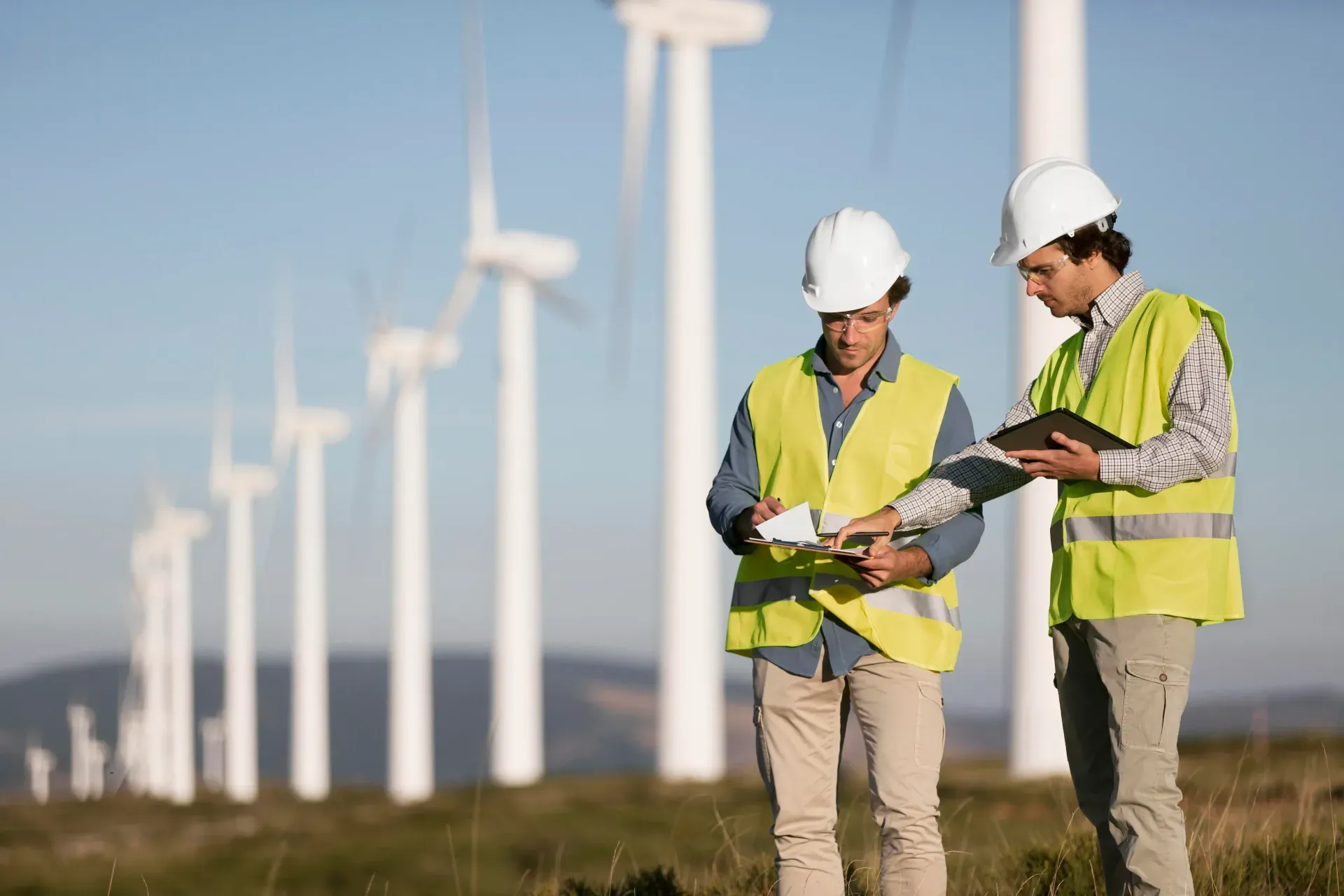 Wind turbines across open fields