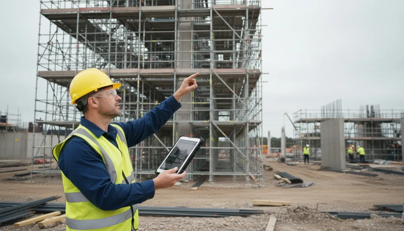 Site inspector flagging a safety defect while holding a tablet